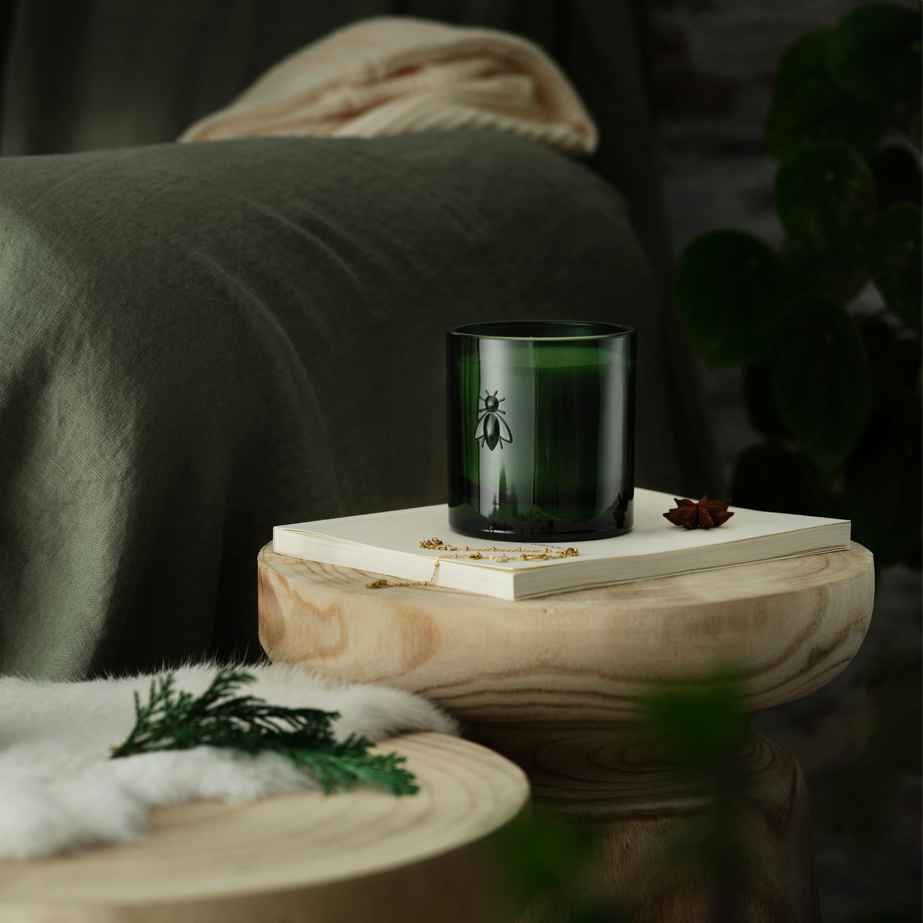 Vase vert foncé sur une table en bois naturel