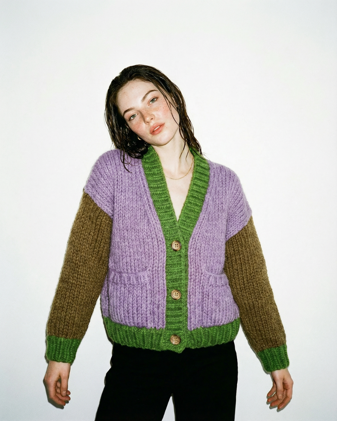 Le Cardigan N°15 color block lilas - LeGarage Knitwear