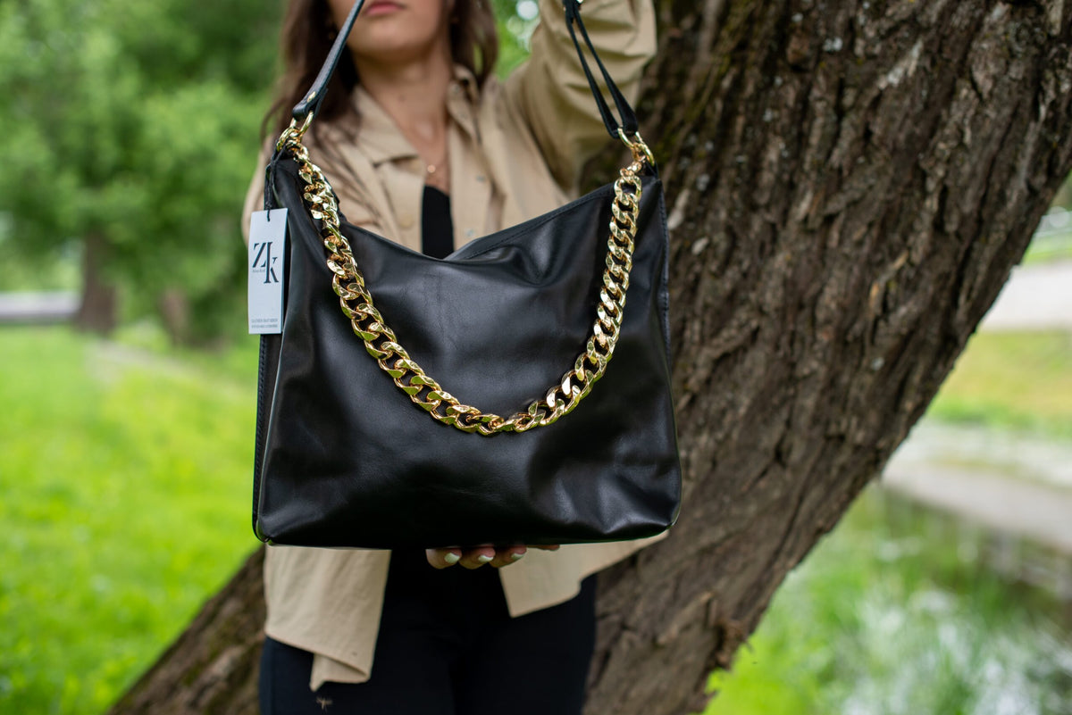 Sac à main hobo en cuir noir, grand modèle, chaîne personnalisable, vue 10
