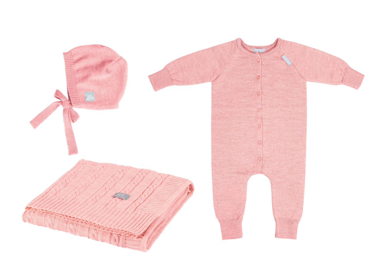 Coffret JOY rose, couverture HOPE, combinaison et bonnet, Wool In Love