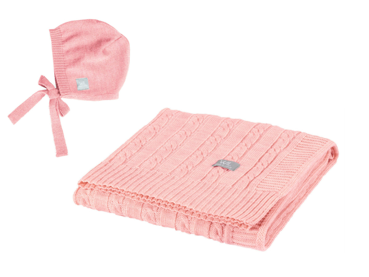 Coffret HOPE rose, couverture à torsades et bonnet JOY, Wool In Love