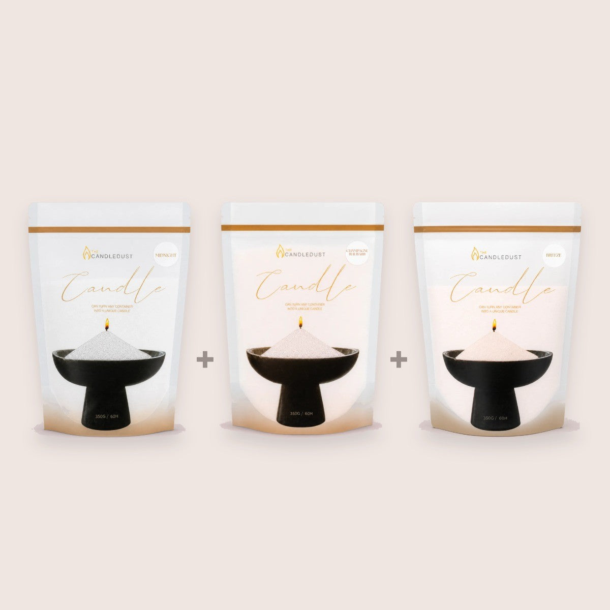 A Refill Trio, Midnight, Champagne Rhubarb, Breeze, 3 × 350g