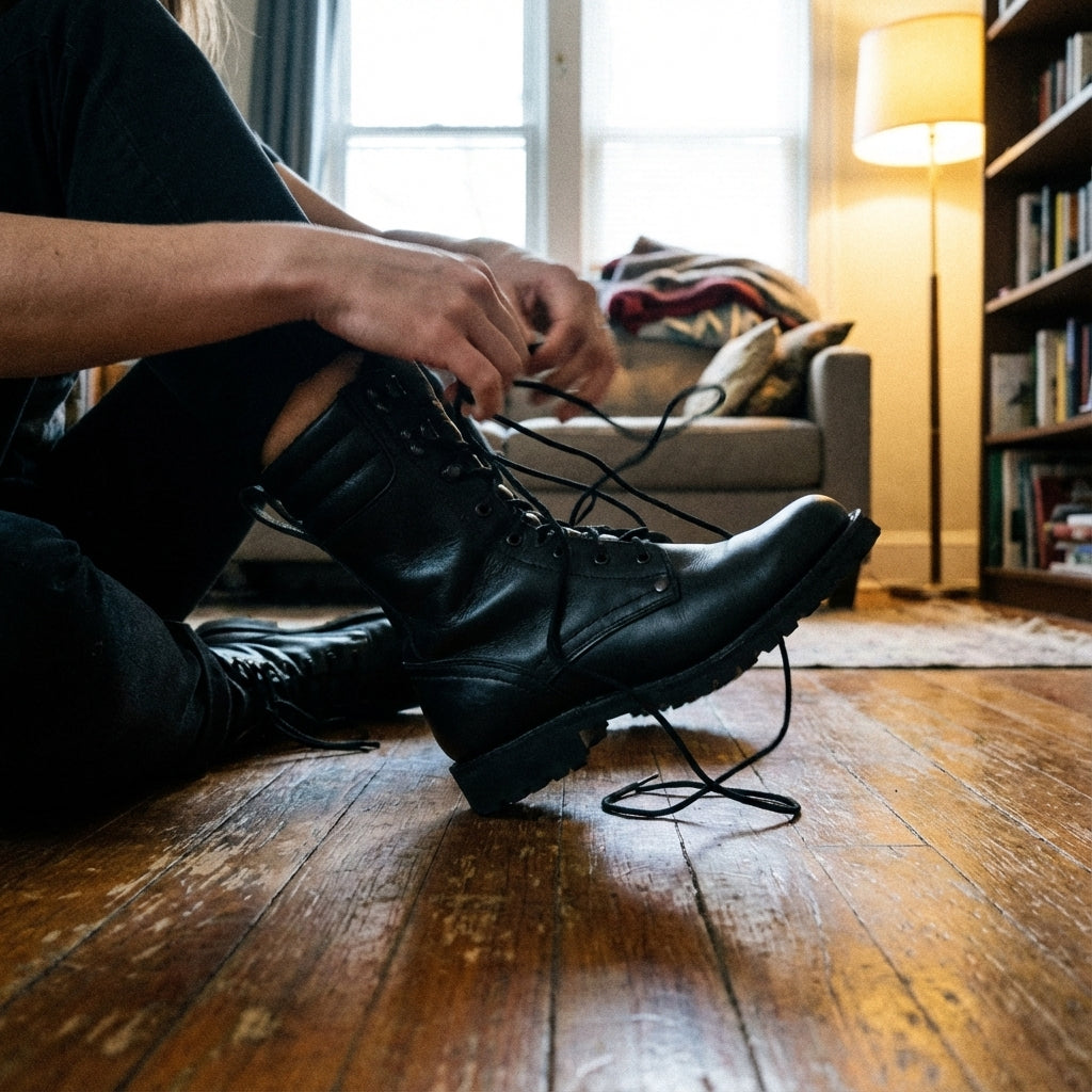 Bottines hautes en cuir noir lacées Saapad, ambiance salon avec livres et lampe