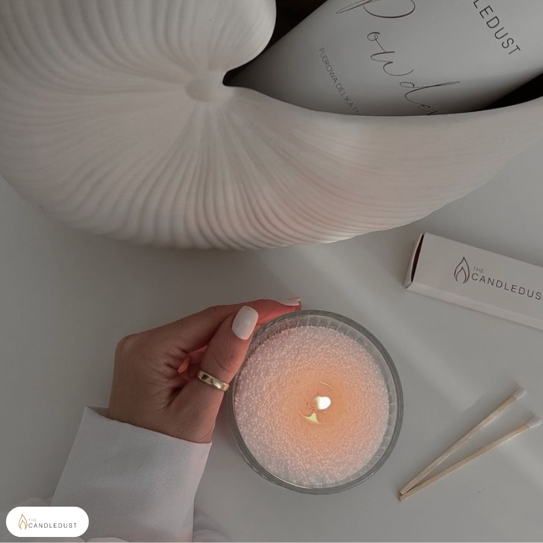 Bougie en poudre Candledust parfum Rhubarbe scintillante, allumée