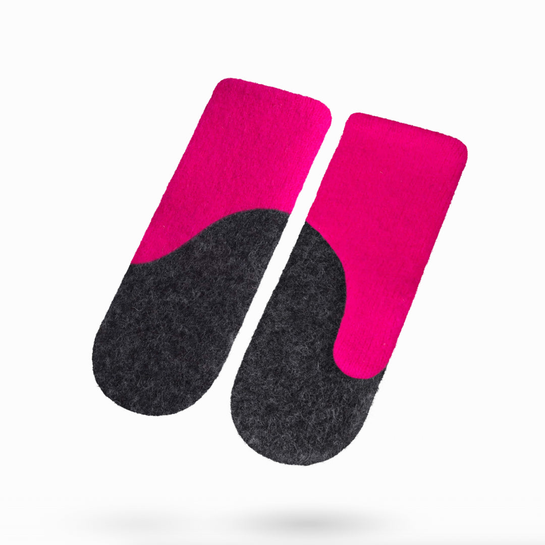 Moufles HERTTA en laine feutrée rose fluo et gris foncé, vue alternative