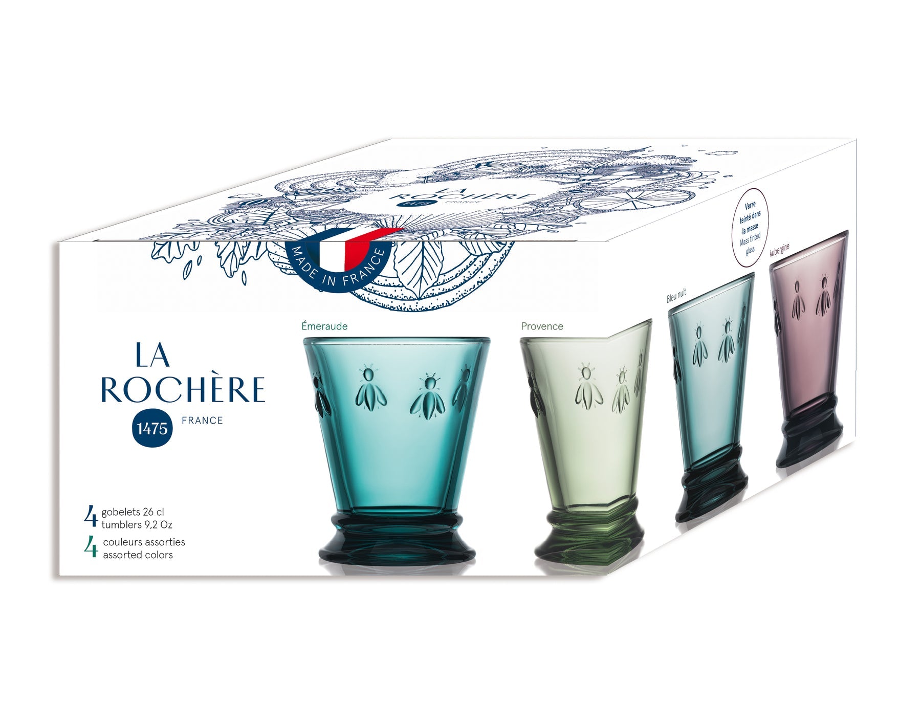 Coffret 4 verres à eau abeille ABEILLE 250 ml, couleurs assorties vue horizontale