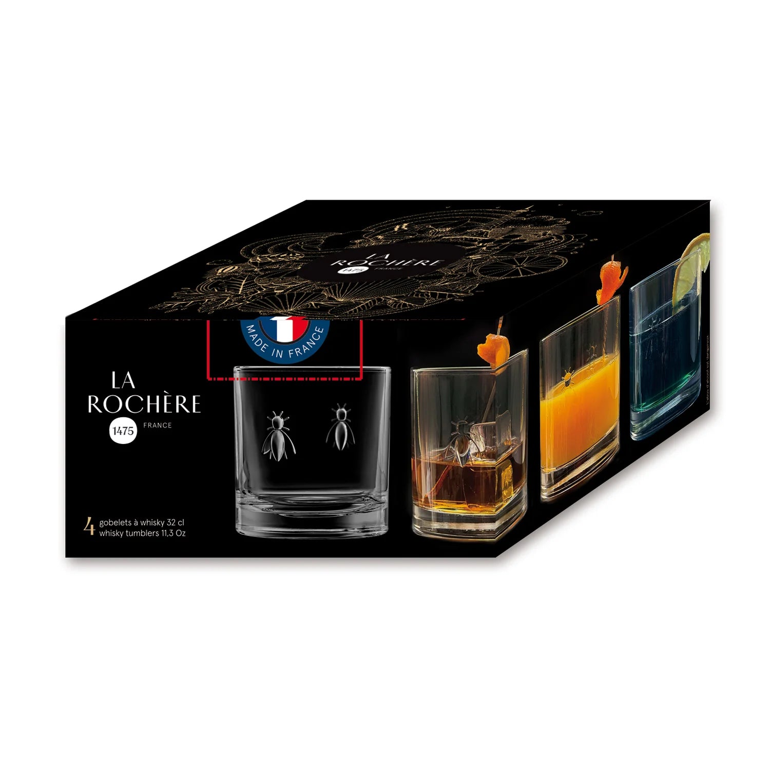 Coffret 4 verres à whisky abeille ABEILLE 250 ml, verre pressé épais alternative