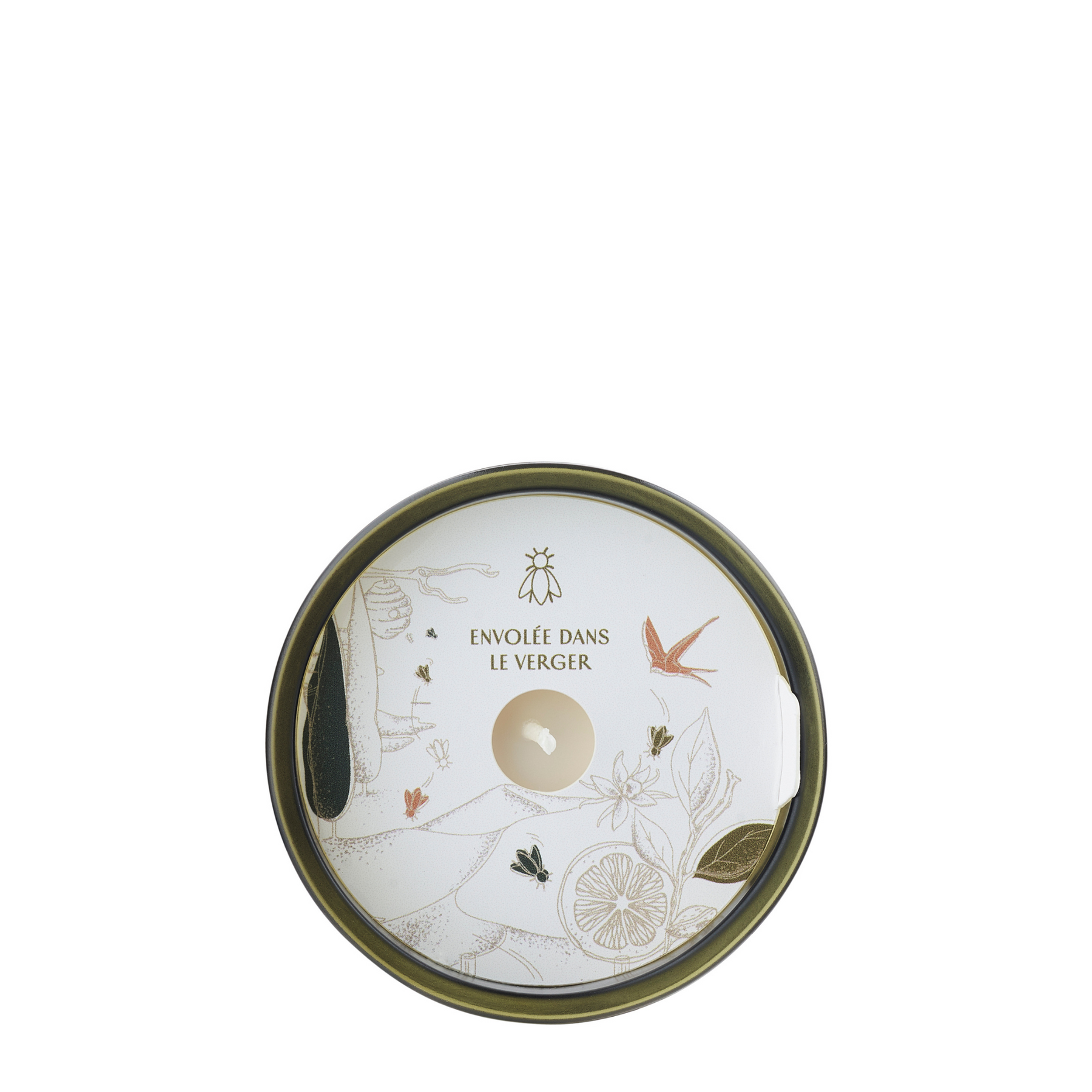 Bougie parfumée à la figue Bee Candle, étiquette « Fig » visible, contenant cylindrique blanc