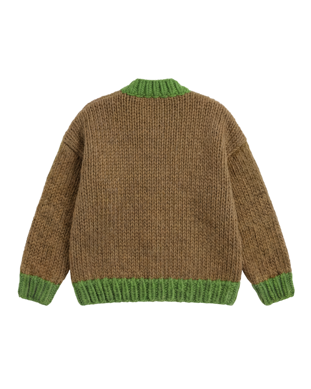Cardigan en laine color block lilas tricoté main LeGarage Knitwear, vue complète tricolore