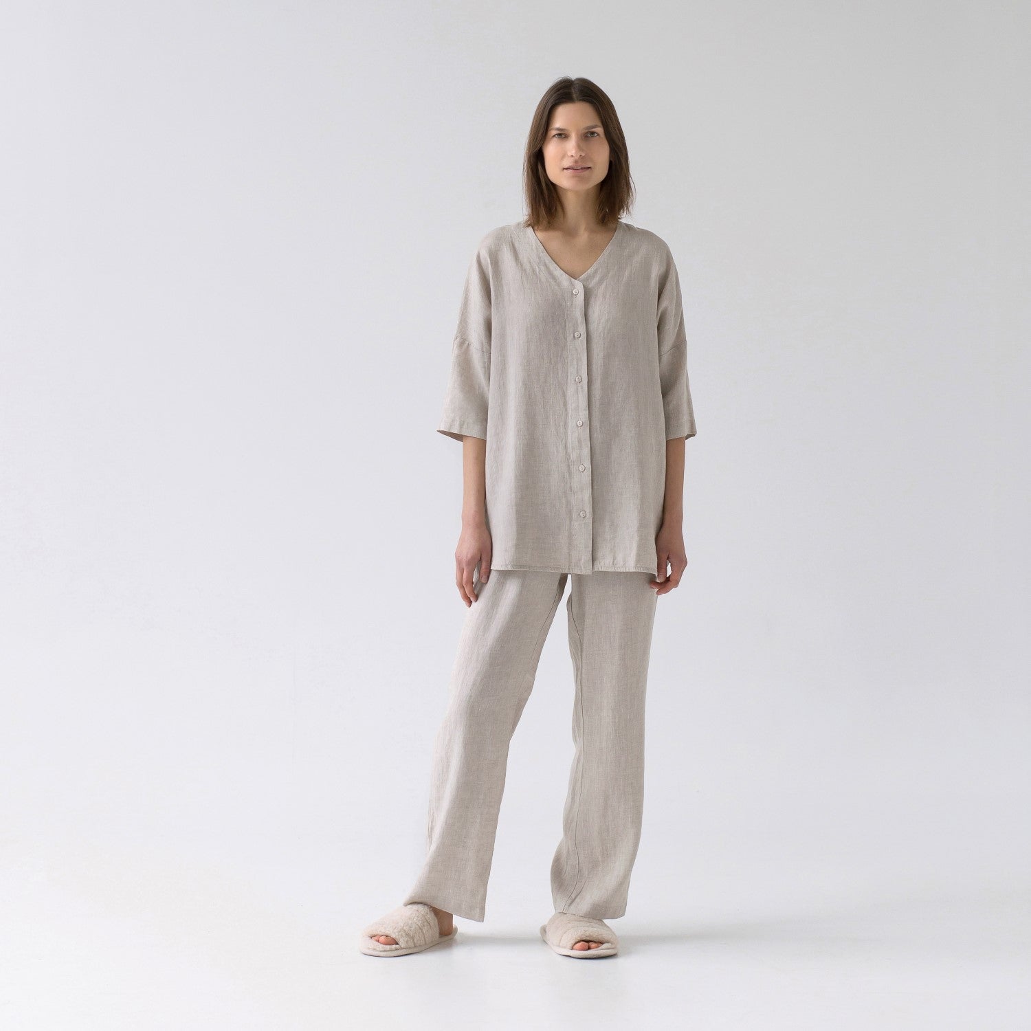 Ensemble loungewear en lin Primrose Linen Tales coloris chiné, vue détaillée