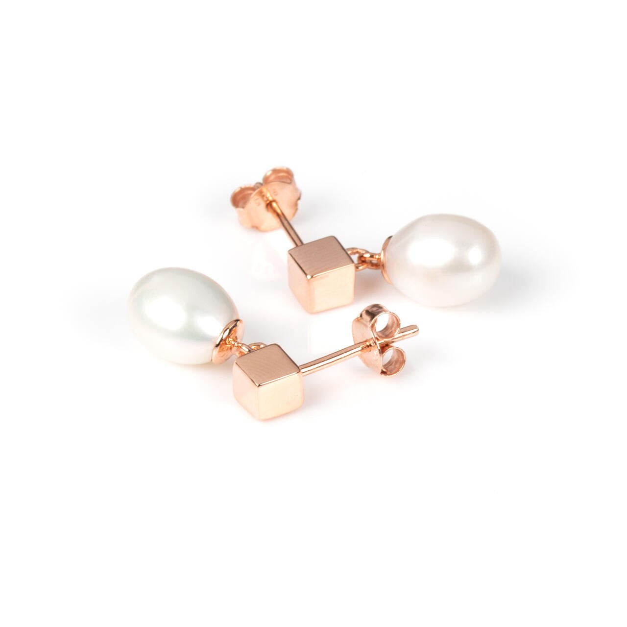 Boucles d'oreilles myamoon goutte de perle pleine or rose et argent, vue produit