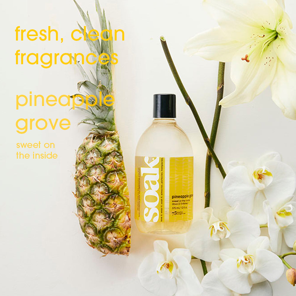 Flacon de lessive Soak Pineapple Grove 375 ml avec ananas et orchidées blanches en composition