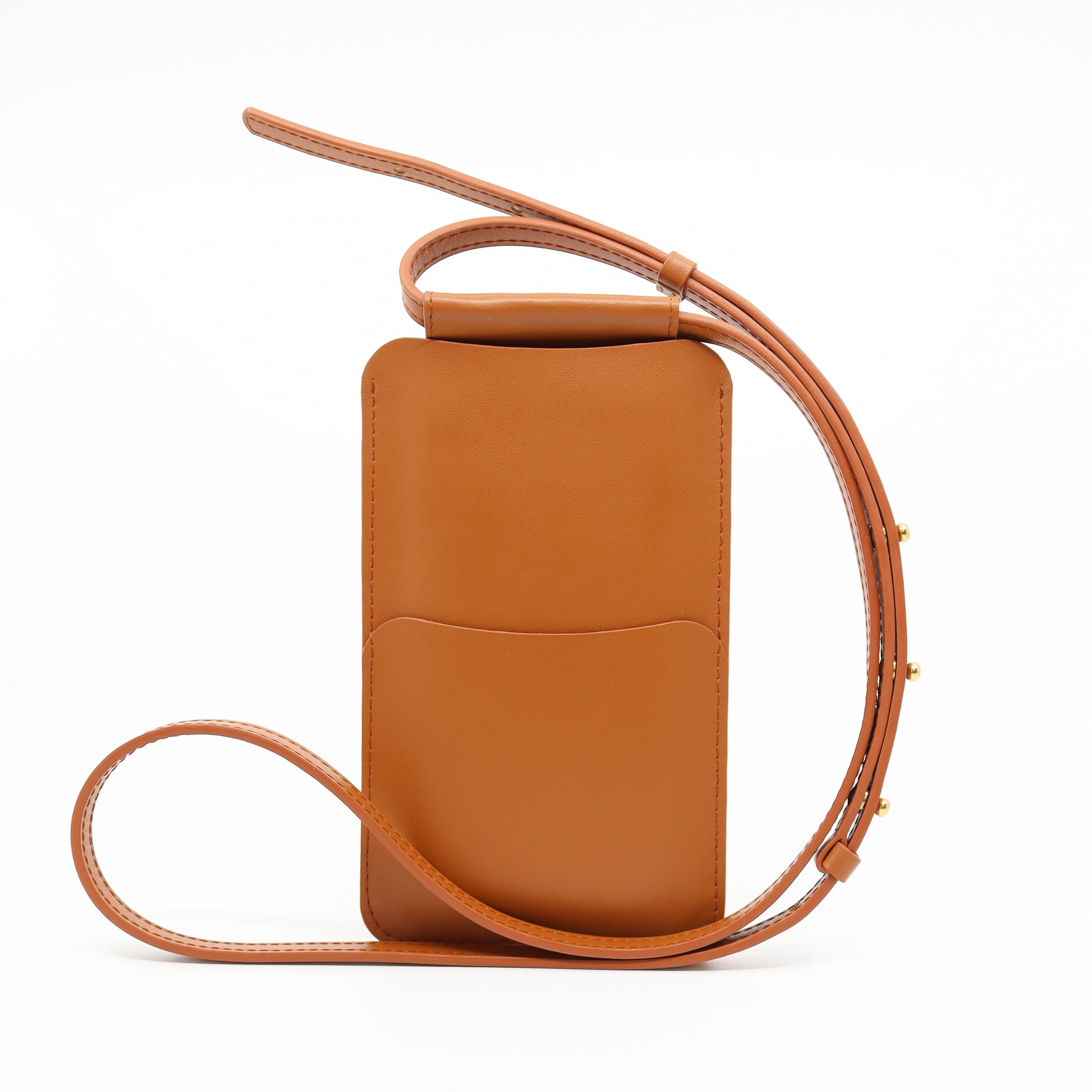 Pochette téléphone en cuir beige tan KOOS, façade avec finition premium