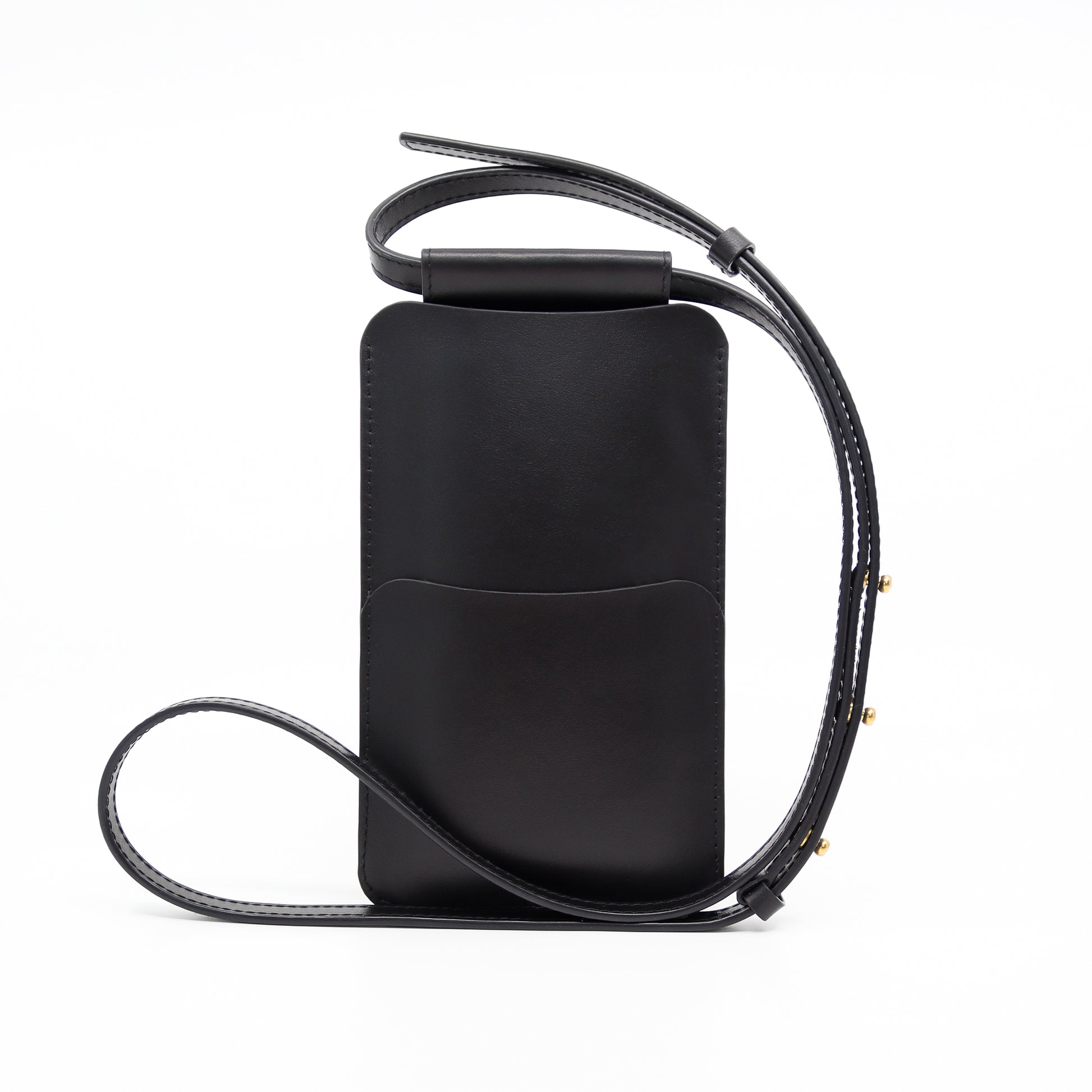 Pochette téléphone en cuir noir KOOS, façade design minimaliste