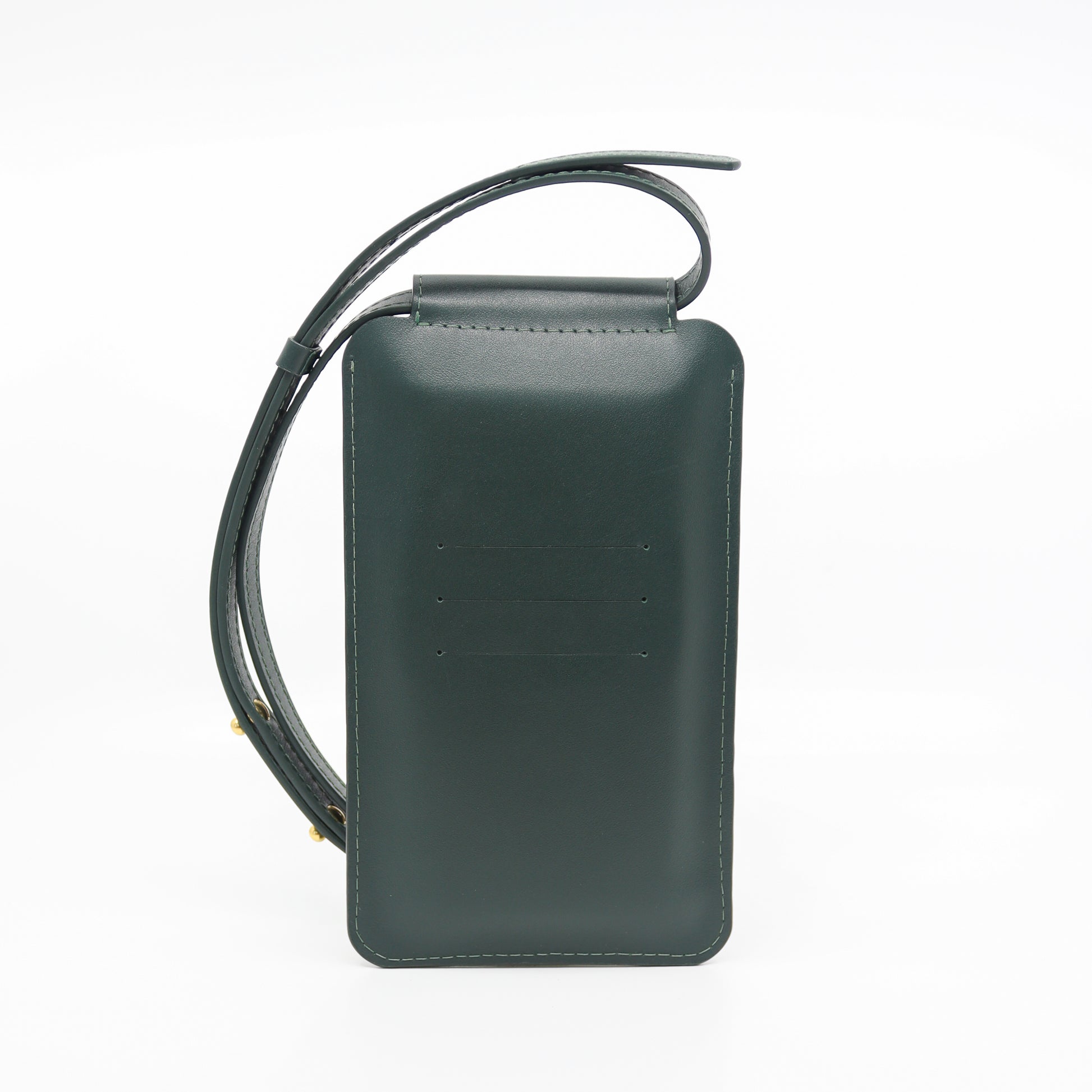 Pochette téléphone en cuir vert sapin KOOS, vue de dos fermée