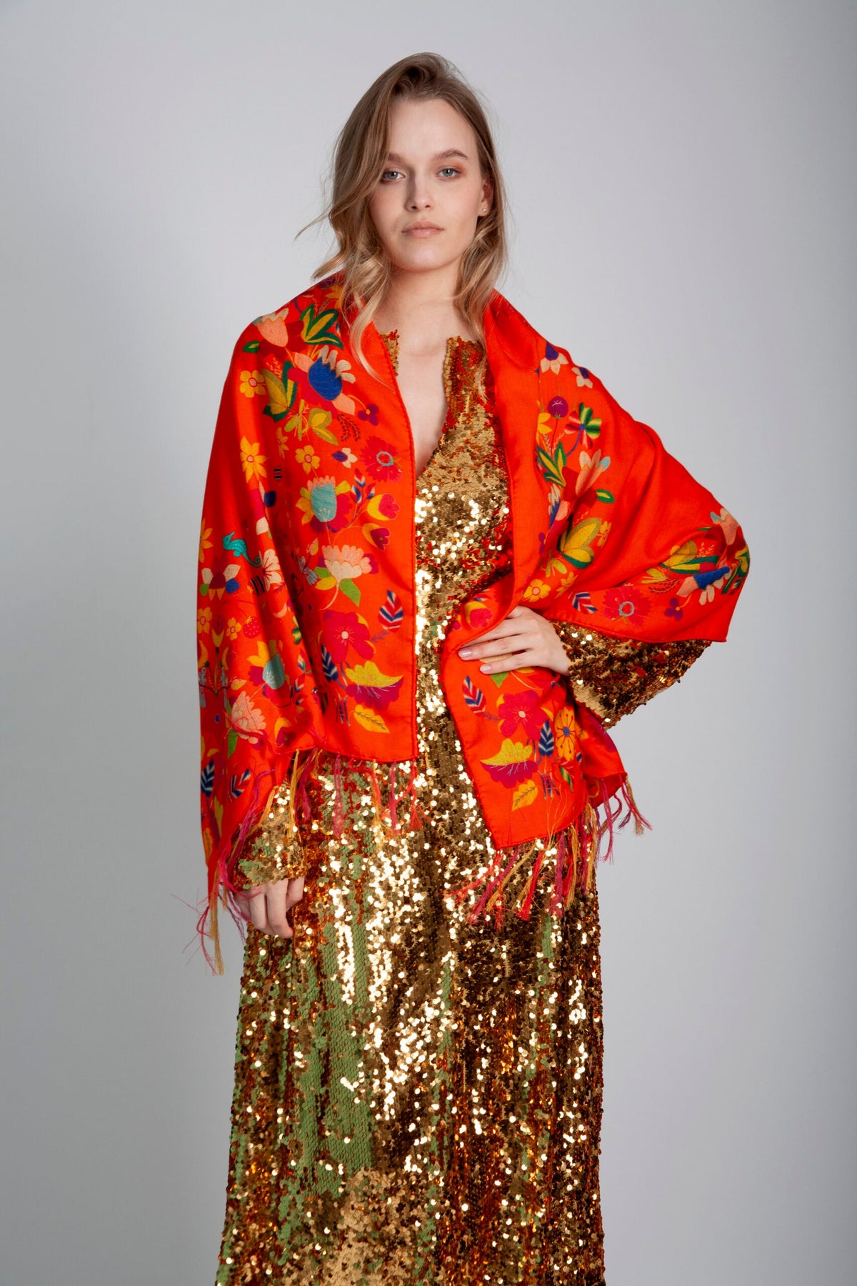 Unimoon Wool–Silk Blend Shawl – Orange Floral