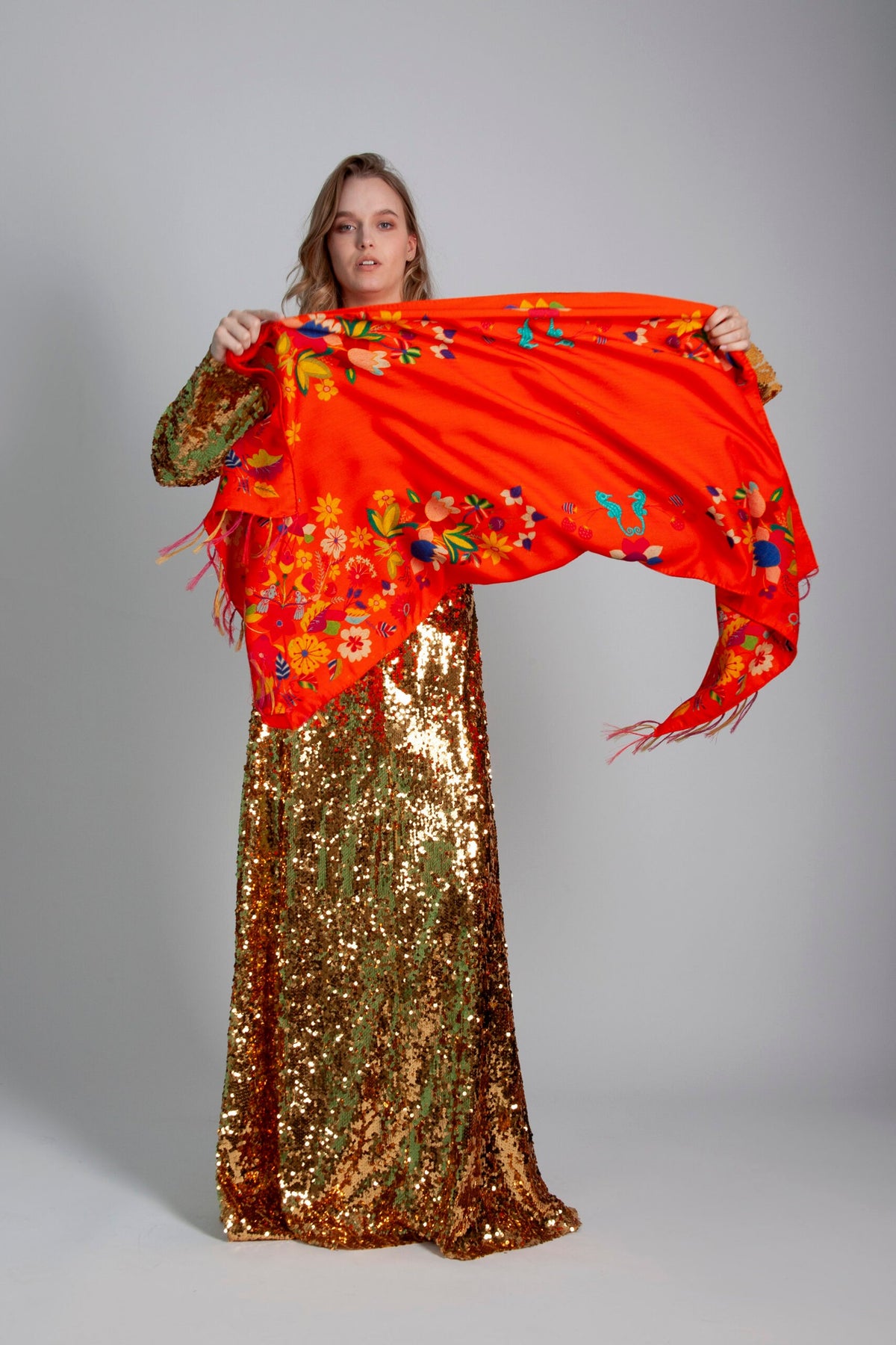 Unimoon Wool–Silk Blend Shawl – Orange Floral