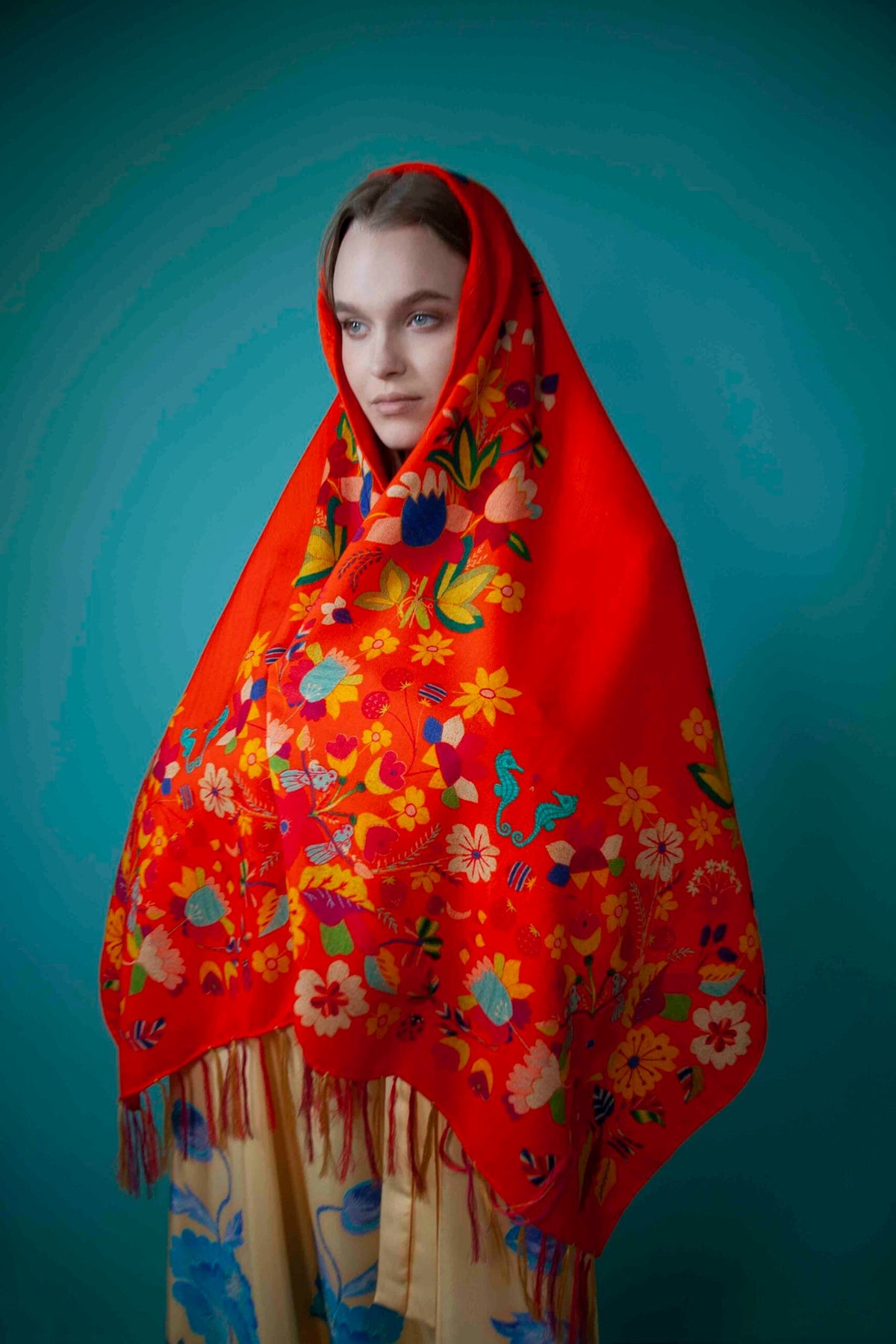 Unimoon Wool–Silk Blend Shawl – Orange Floral