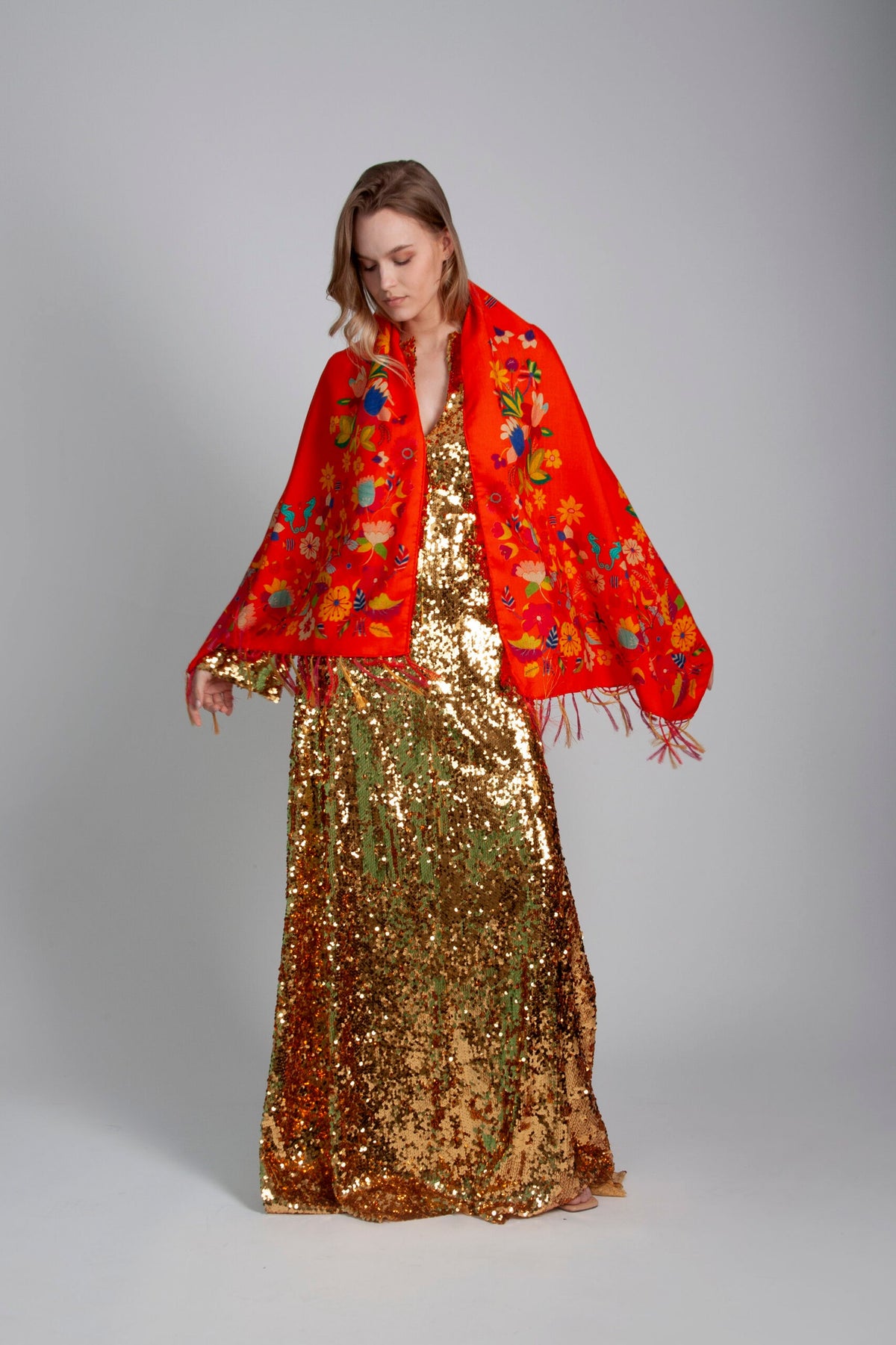 Unimoon Wool–Silk Blend Shawl – Orange Floral