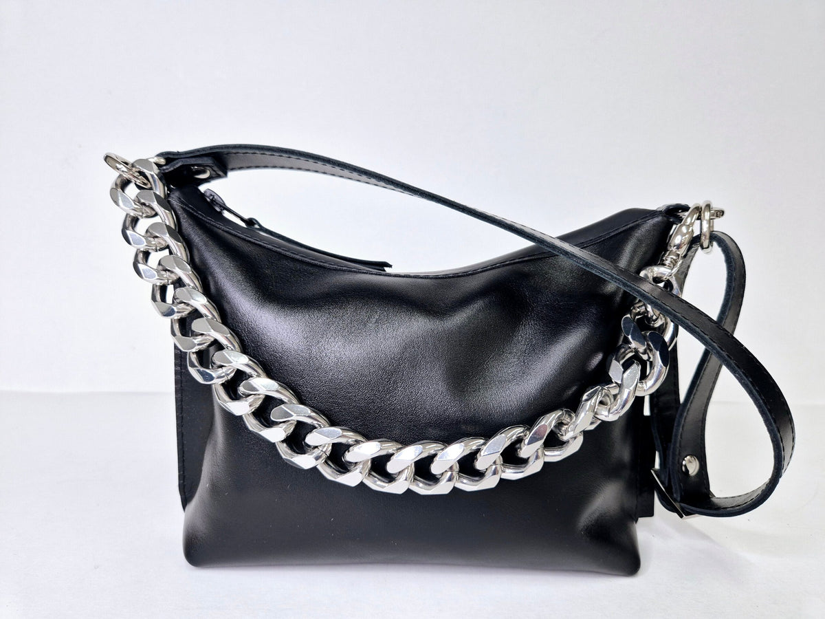 Sac à main hobo en cuir noir, petit modèle, chaîne personnalisable, vue 7