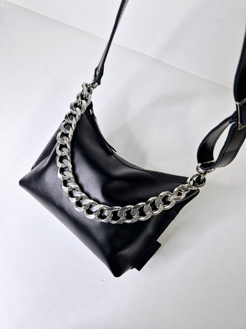 Sac à main hobo en cuir noir, petit modèle, chaîne personnalisable