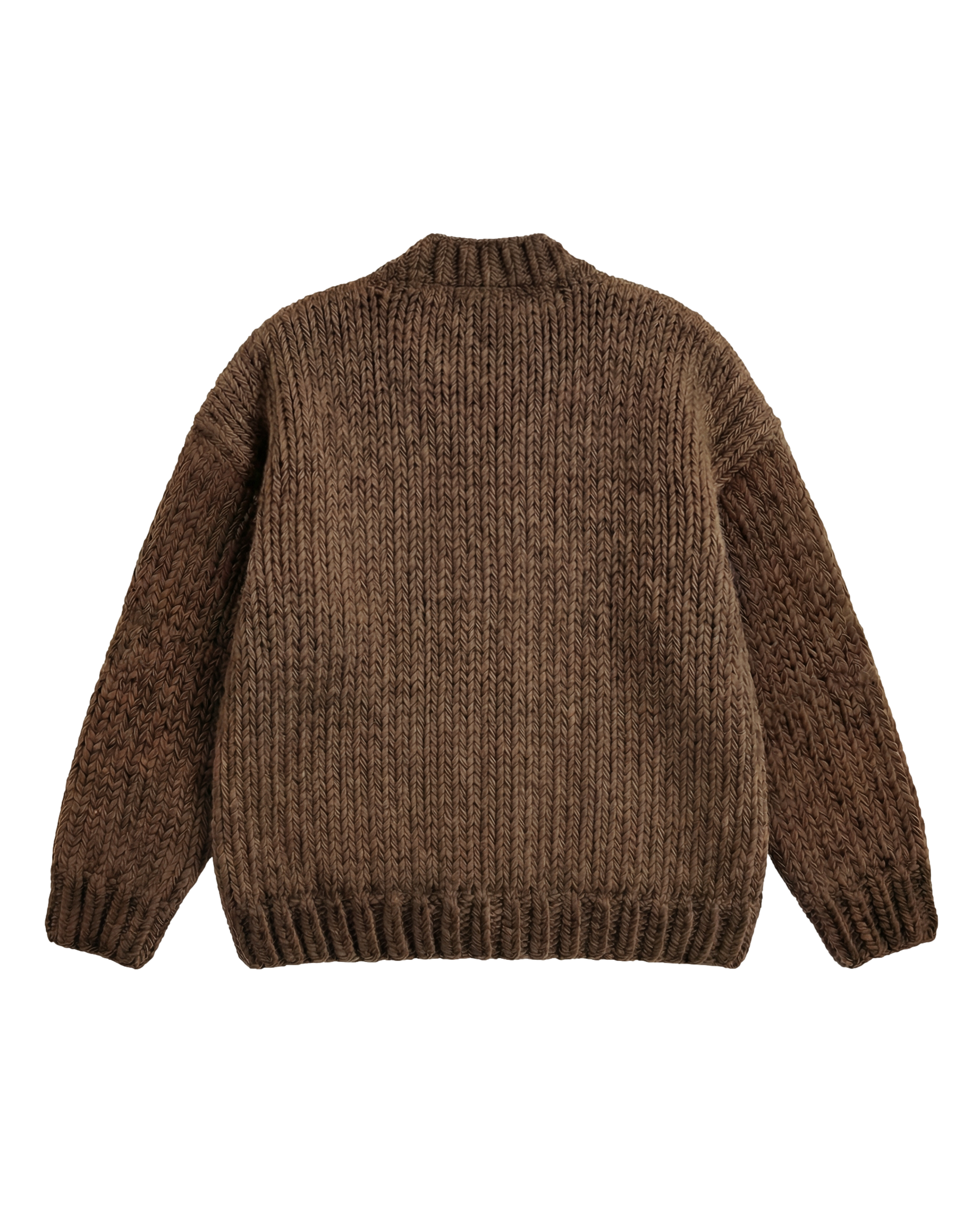 Cardigan en laine color block chocolat tricoté main LeGarage Knitwear, détail dos tricot côtelé