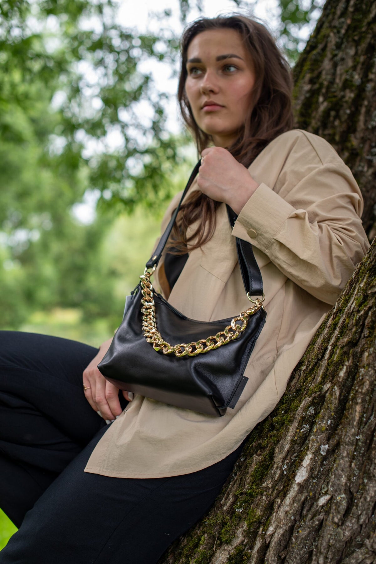 Sac à main hobo en cuir noir, petit modèle, chaîne personnalisable, vue 11