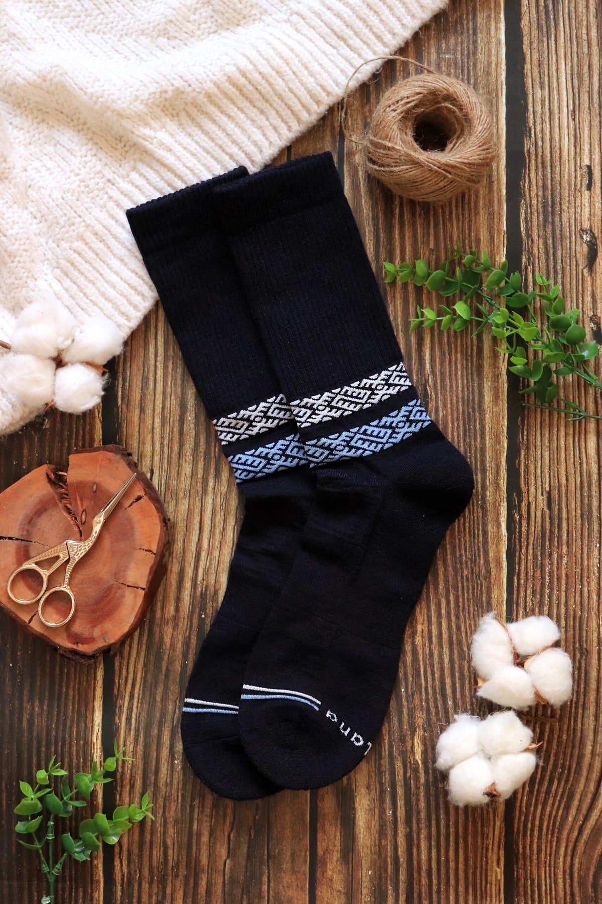 Chaussettes quotidiennes en laine mérinos unisexe blanches et bleues, vue détaillée