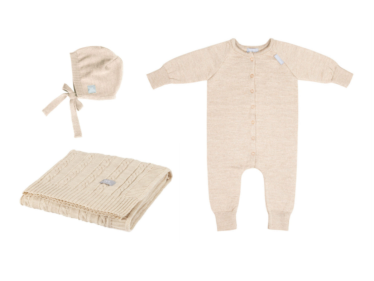 Coffret JOY beige, couverture HOPE, combinaison et bonnet, Wool In Love