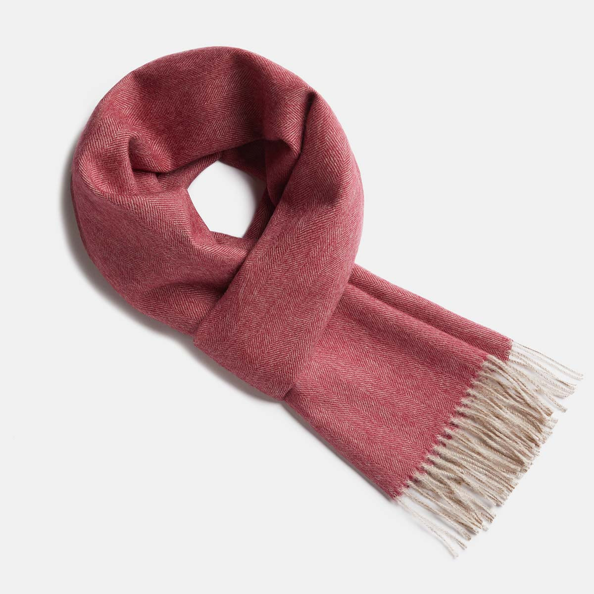 Écharpe en alpaga bébé motif chevrons rouge et beige, tissage chevrons fond gris