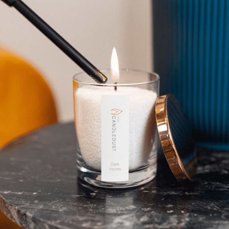 Bougie en poudre Candledust en pot de verre parfum Rhubarbe scintillante 160 g