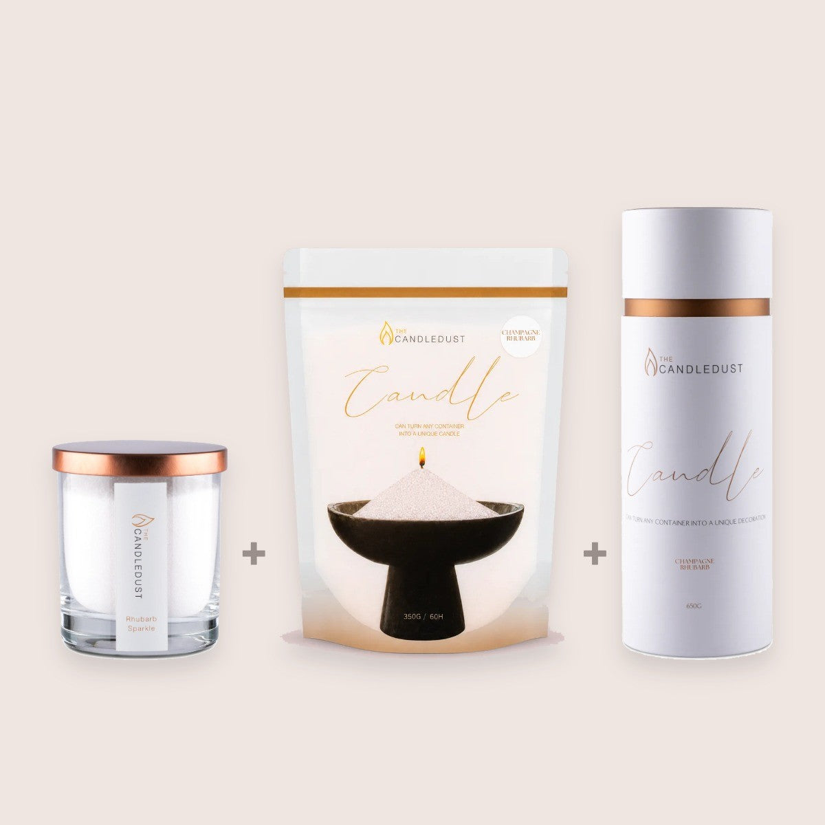 Champagne Rhubarb Size Trio, 160g Candle + 350g Refill + 650g Tube