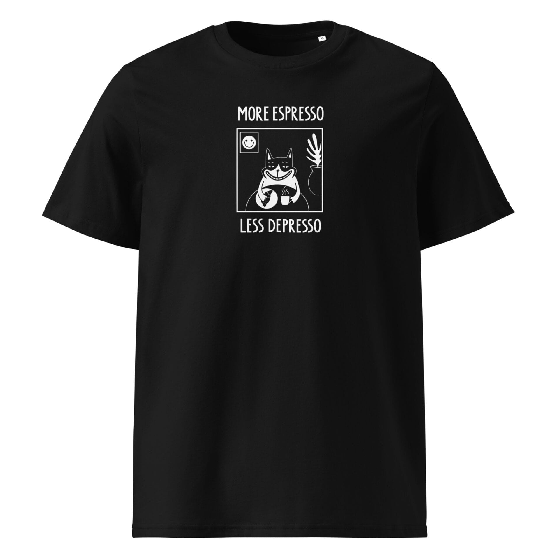 T-shirt unisexe imprimé More Espresso Less Depresso, vue éditoriale