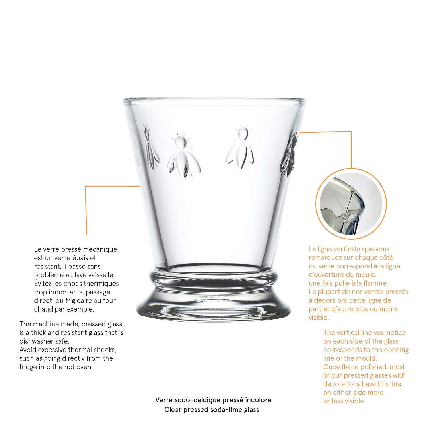 Coffret 4 verres à eau abeille ABEILLE 250 ml, verre pressé motif abeille en relief