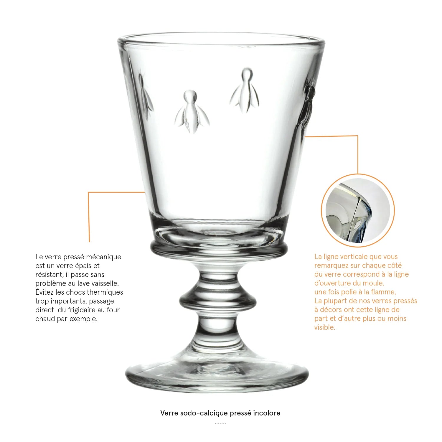 Coffret 4 verres à vin abeille ABEILLE 220 ml, verre pressé motif abeille en relief