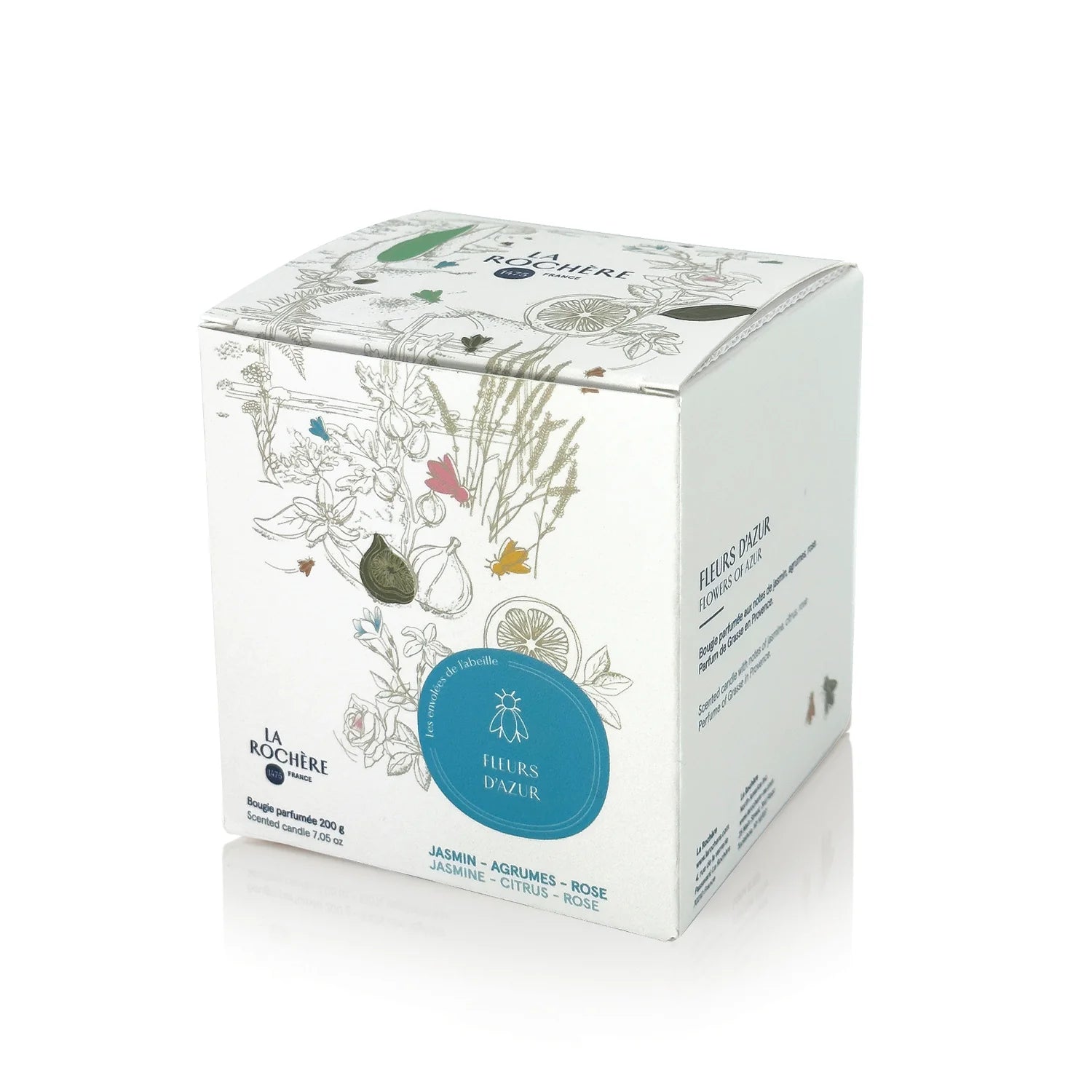 Bougie parfumée au jasmin Fleur d'Azur ABEILLE 55 heures, verre blanc épuré
