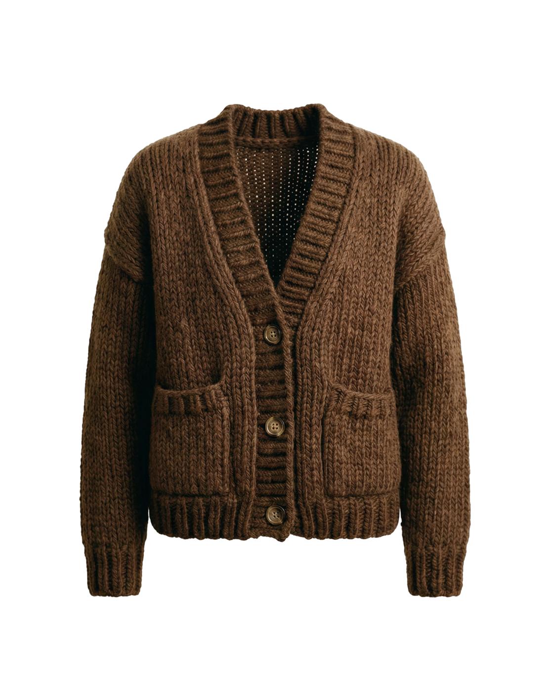 Cardigan en laine chocolat tricoté main LeGarage Knitwear, détail technique des mailles