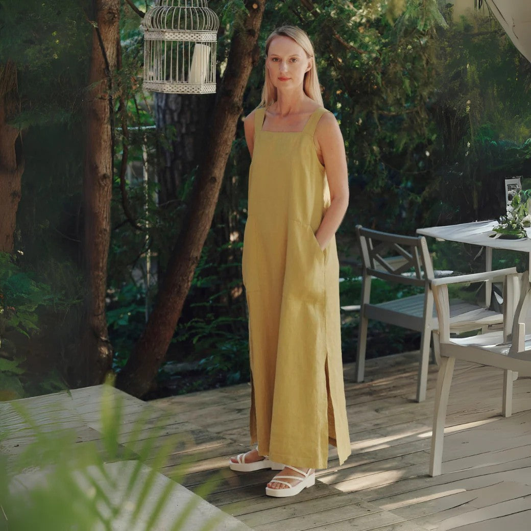 Robe en lin Linen Tales modèle Fugue jaune curry, vue détaillée