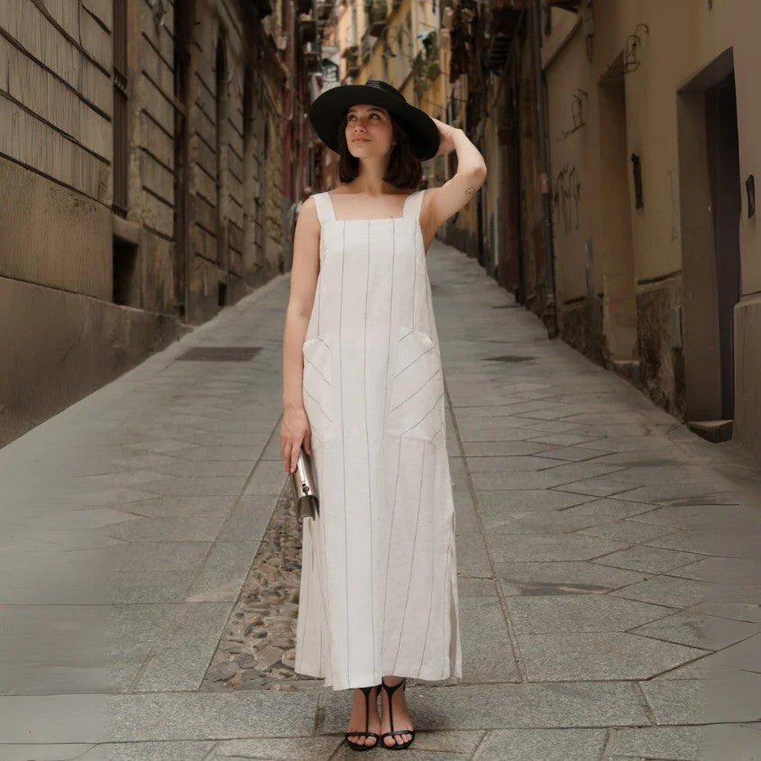Robe en lin Linen Tales modèle Fugue blanc lait rayé gris, vue alternative