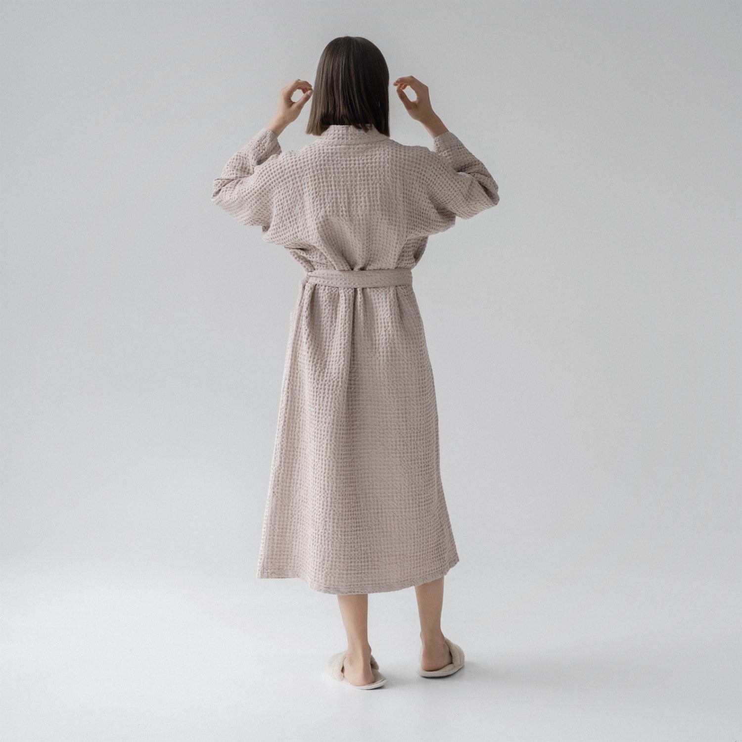Peignoir en lin et coton gaufré nid d'abeille Linen Tales, coloris poudre alternative