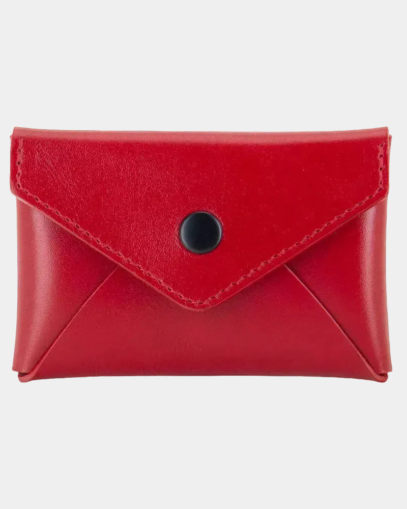 Portefeuille enveloppe en cuir rouge RR, vue ouverte avec compartiments