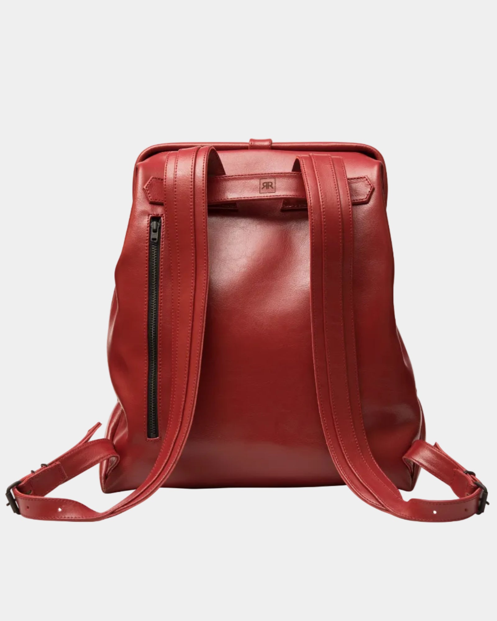 Sac à dos en cuir rouge taille M ou L RR, détail des lanières renforcées