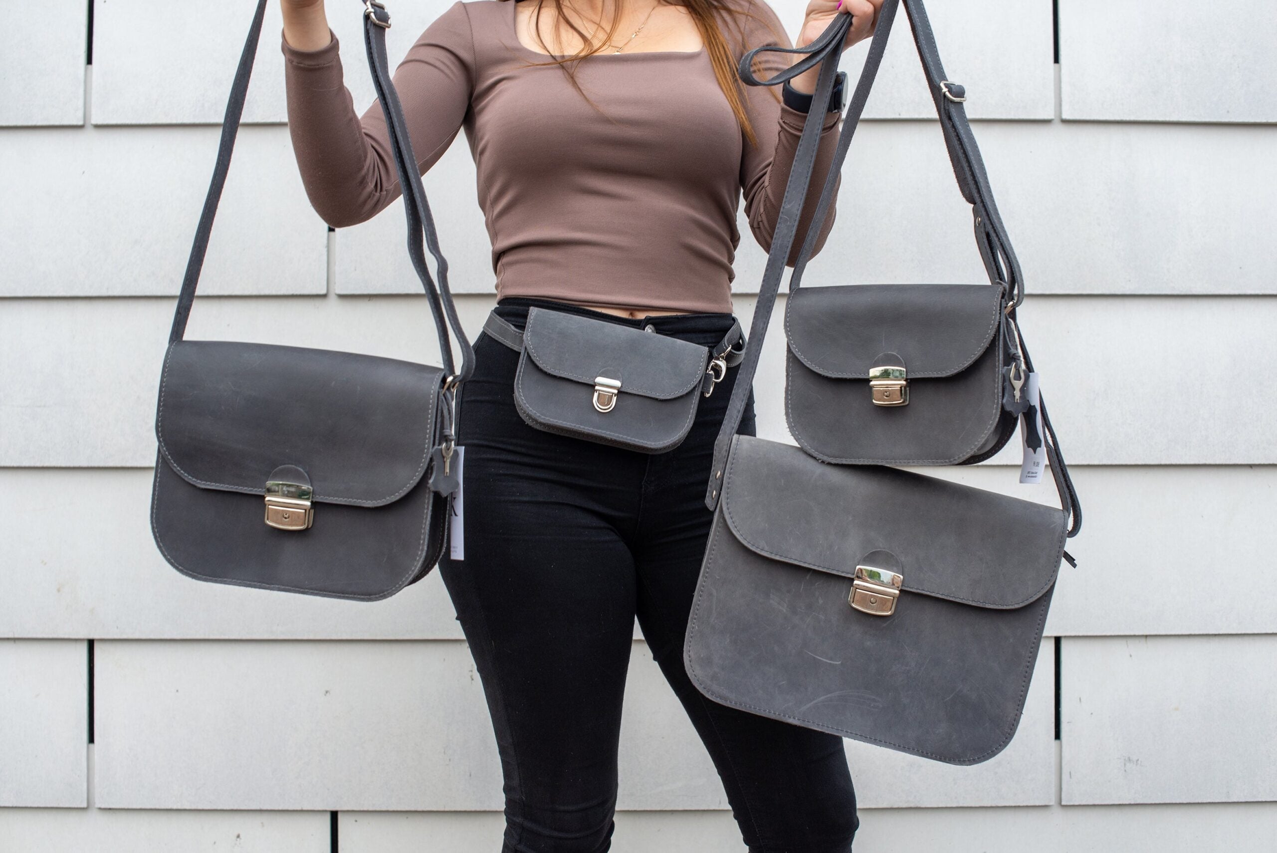 Sac selle en cuir naturel gris, modèle L, vue 6