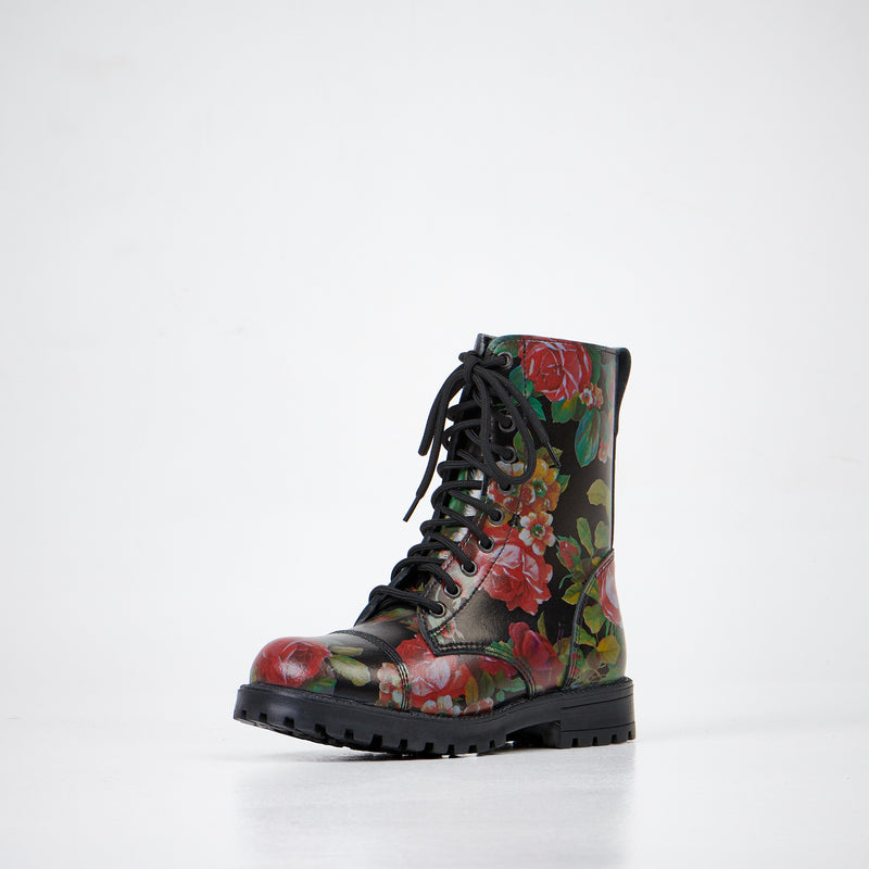 Bottines OmaKing 511 en cuir rouge motif roses, vue produit
