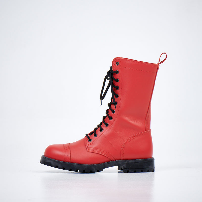 Bottines aviateur 516 OmaKing en cuir rouge vif, détail couture renforcée
