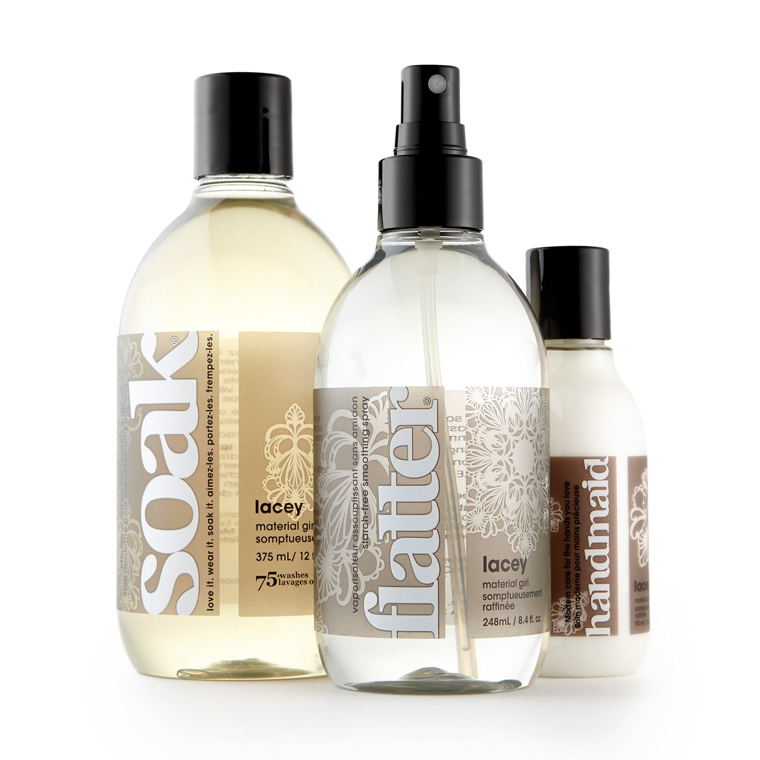 Trois flacons d'entretien textile Soak Lacey alignés, gamme lavage et finition