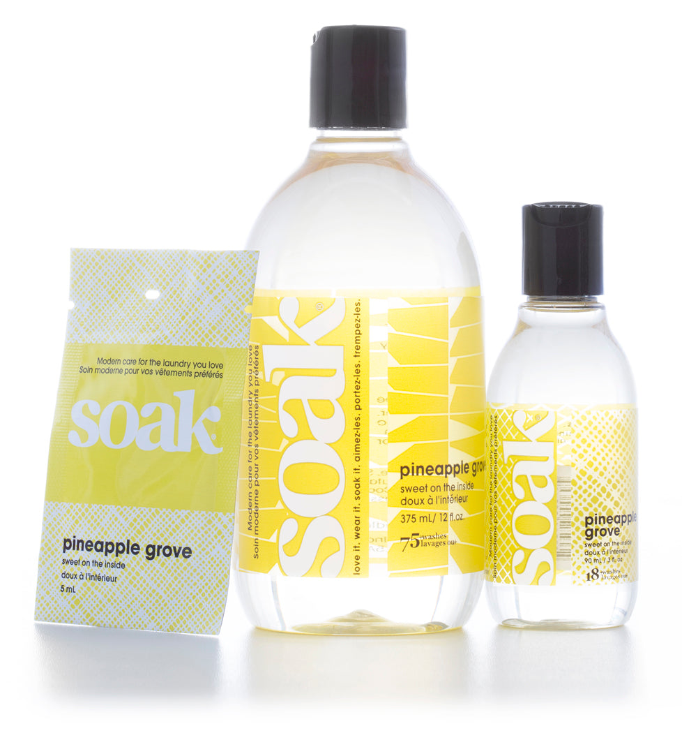 Flacon de lessive Soak Pineapple Grove 375 ml, 75 lavages, étiquette jaune et verte