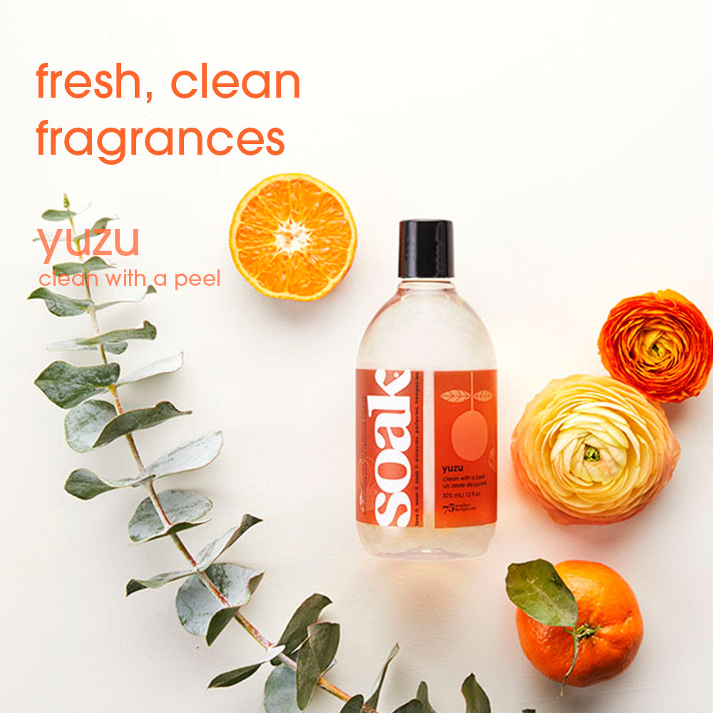 Flacon de lessive Soak Yuzu 375 ml sans rinçage, étiquette claire, format familial pour textiles délicats