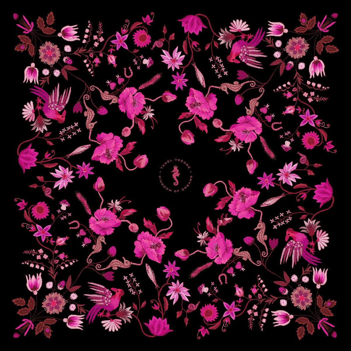 Unimoon Silk Scarf 63 × 63 cm – Black and Pink Floral