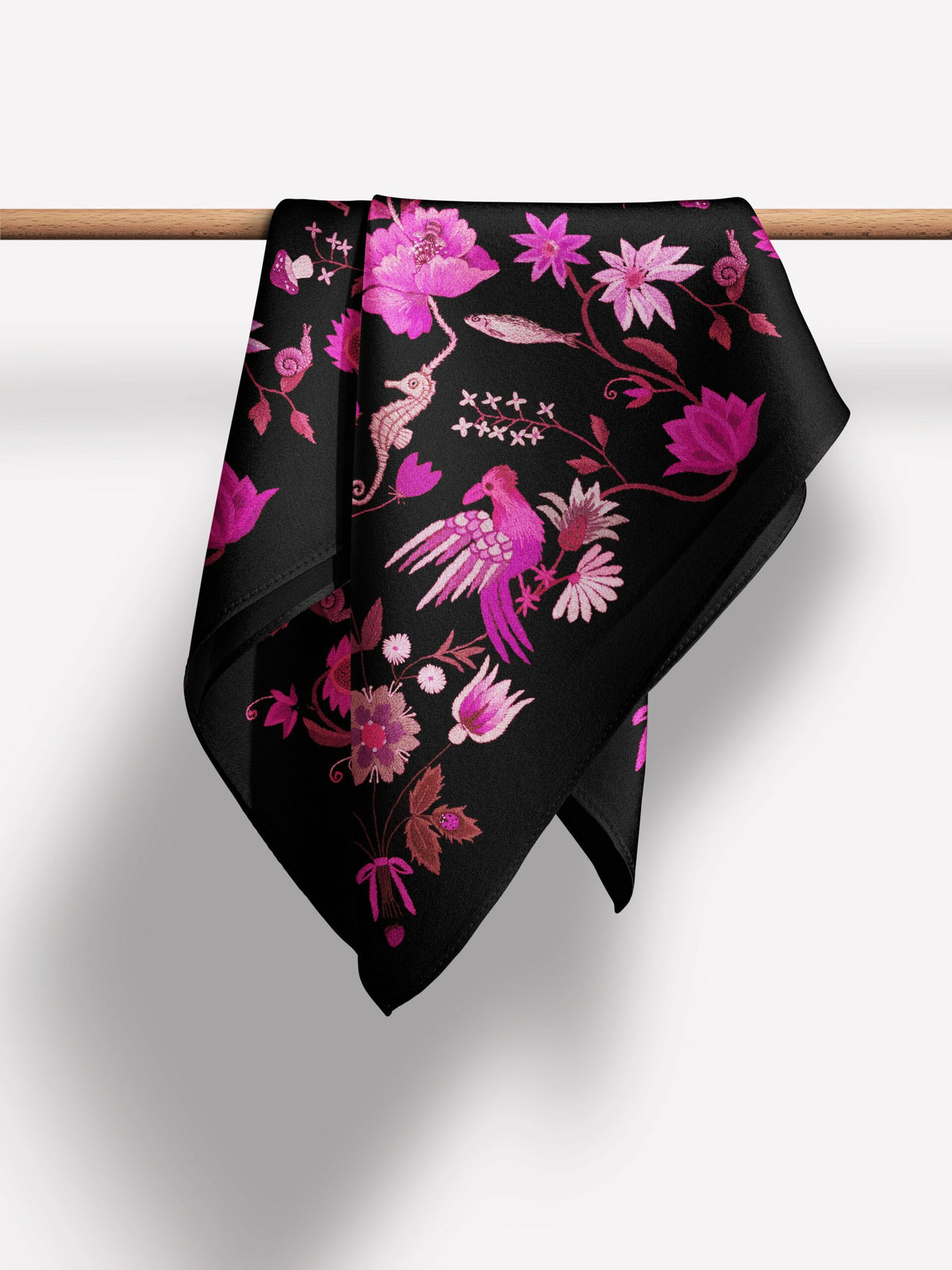 Unimoon Silk Scarf 63 × 63 cm – Black and Pink Floral